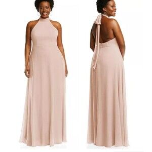 After Six High Neck Halter Backless Maxi Dress Cameo Size 8 Chiffon Bridesmaid